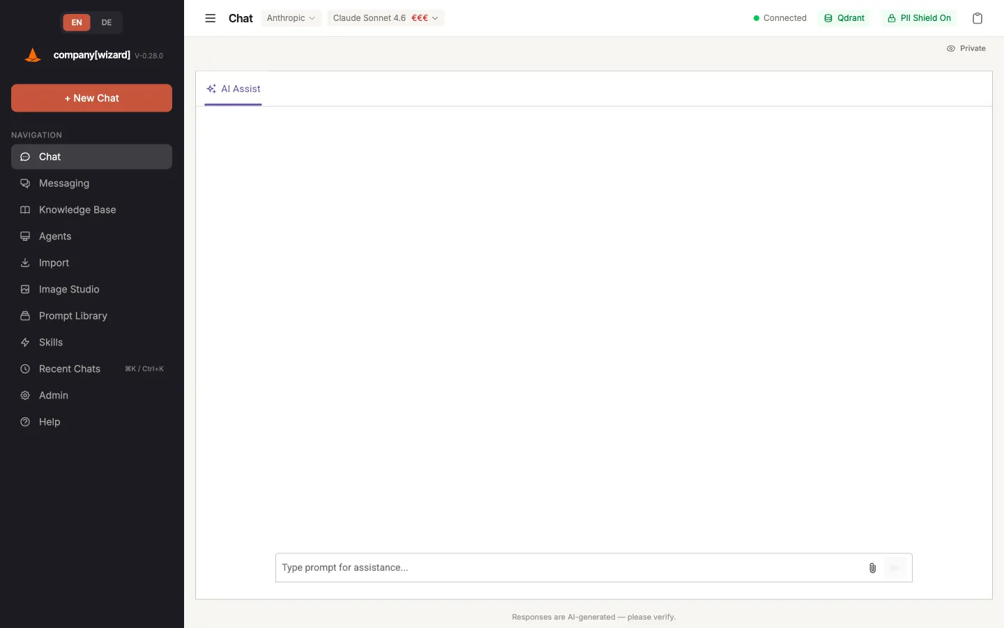 The CompanyWizard interface after sign-in: the navigation bar with all modules on the left, the workspace on the right.