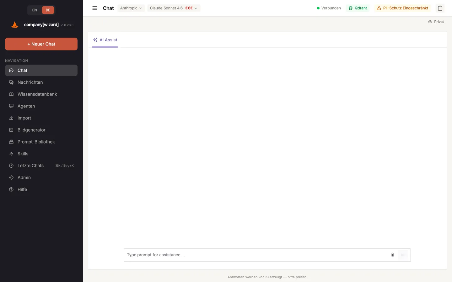 Die CompanyWizard-Oberfläche nach dem Login: links die Navigationsleiste mit allen Modulen, rechts der Arbeitsbereich.