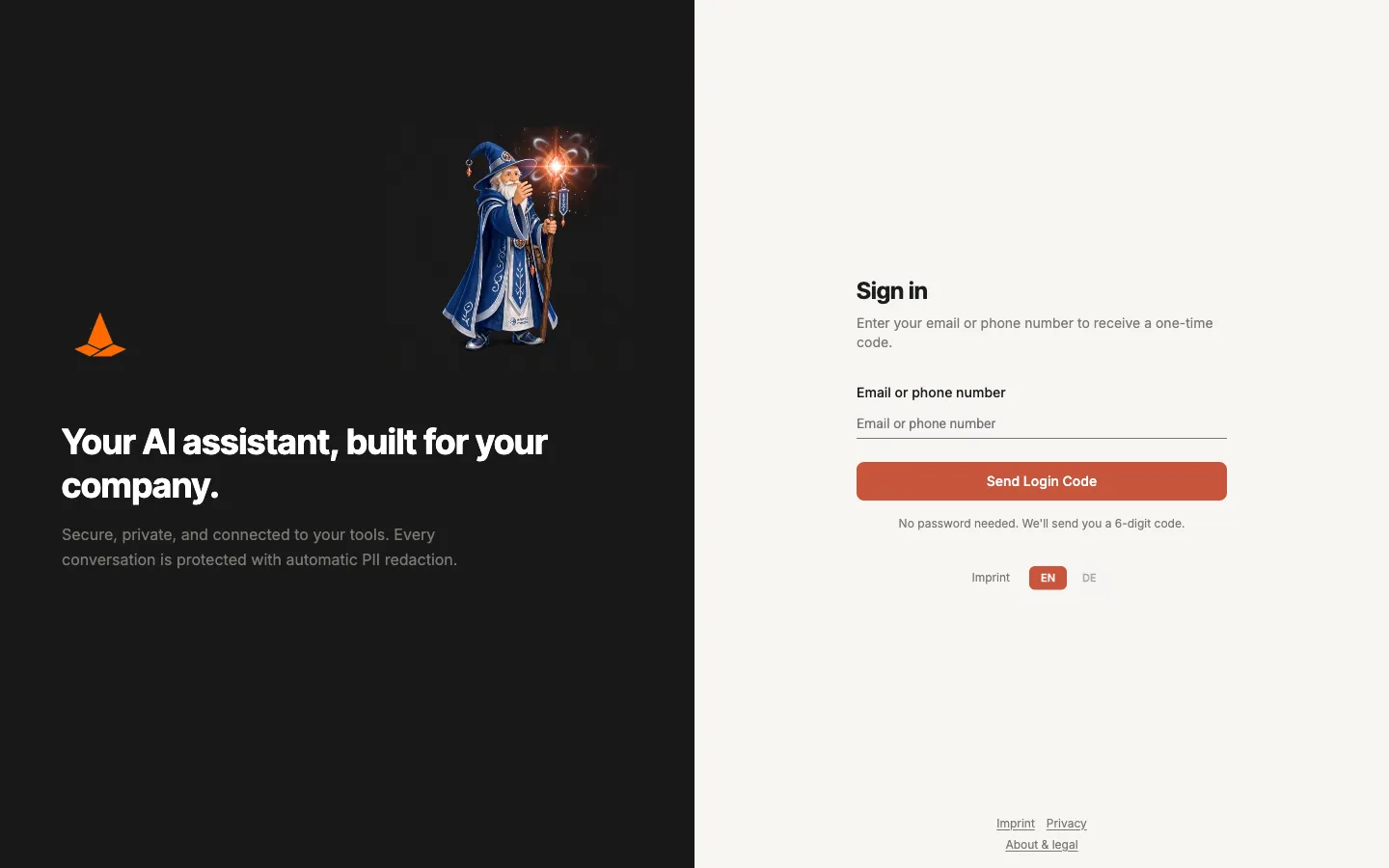 The CompanyWizard sign-in screen: an input field for email or phone number and the "Send login code" button.