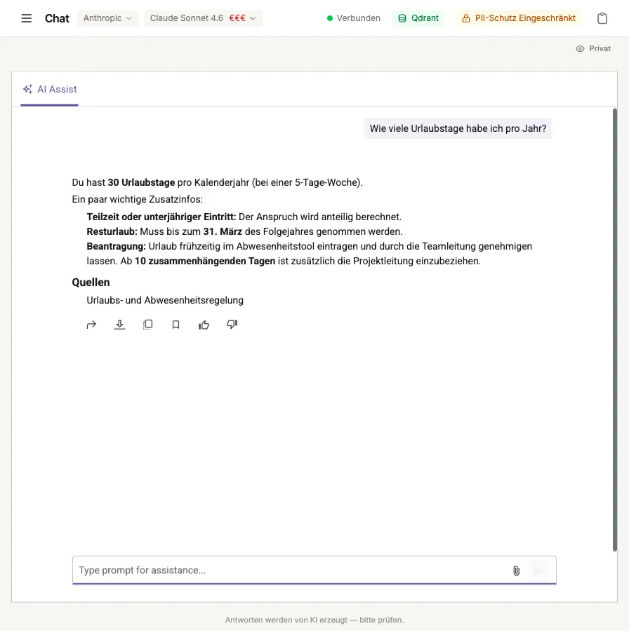 Der Chat mit einer Beispielfrage, der KI-Antwort und einem Abschnitt „Quellen" mit Verweis auf das Originaldokument; in der Kopfzeile die Modellauswahl und der PII-Status.