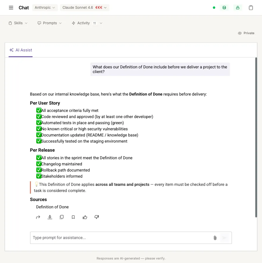 The chat with an example question, the AI answer and a "Sources" section linking to the original document; the header shows the model selector and the PII status.