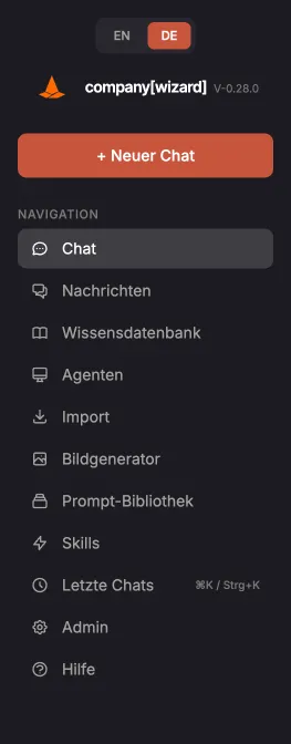 Die Navigationsleiste von CompanyWizard nach dem Login mit allen Bereichen von Chat bis Hilfe.