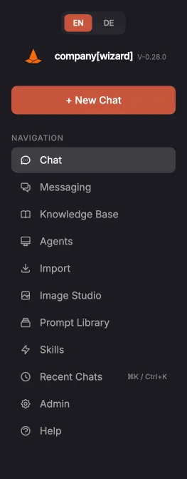 The CompanyWizard navigation bar after sign-in with all sections from Chat to Help.
