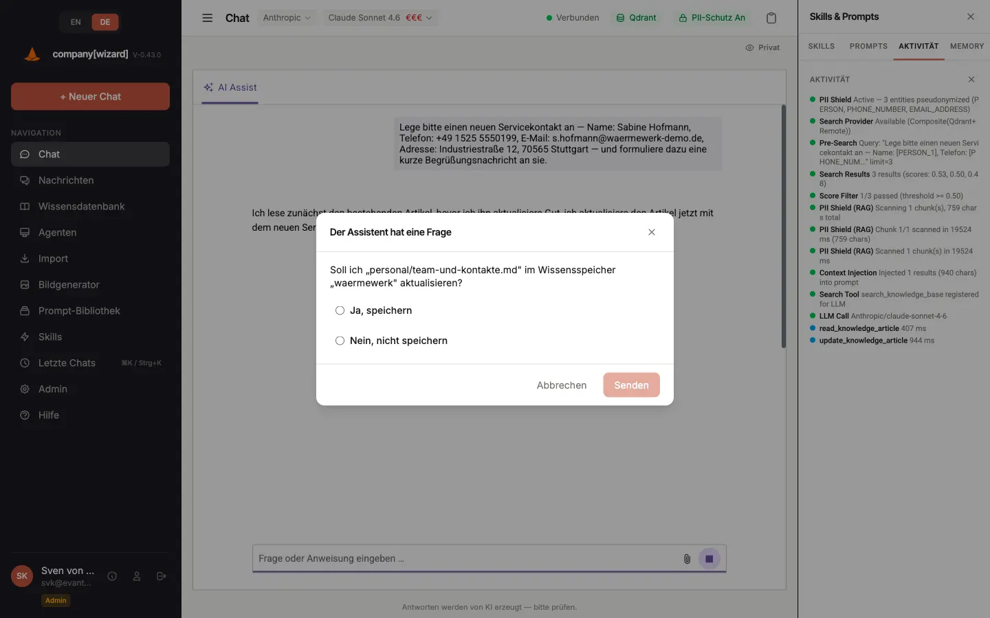 Bestätigungsdialog, ob der Assistent eine Notiz in der Wissensdatenbank aktualisieren darf.