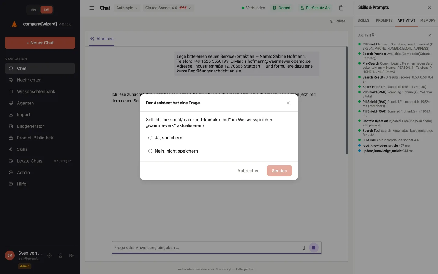 Bestätigungsdialog, ob der Assistent eine Notiz in der Wissensdatenbank aktualisieren darf.