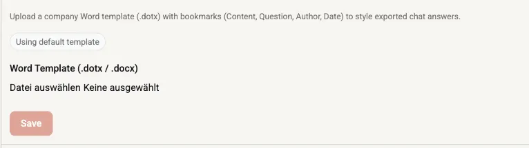 The "Document export" section in System settings: the status display "Default template in use" and the upload field "Word template (.dotx / .docx)".
