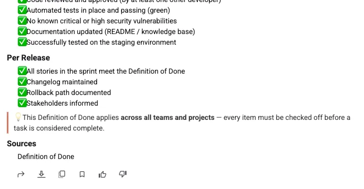 A chat answer with a "Sources" section and the answer toolbar below it (share, export, copy, remember).