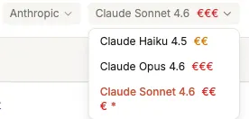 Der geöffnete Modell-Selektor oben im Chat mit Anbieter „Anthropic" und einer Auswahlliste verschiedener Modelle.