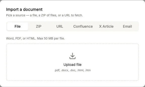The "Import document" dialog with the six source tabs File, ZIP, URL, Confluence, X article and Email, plus the file upload area.