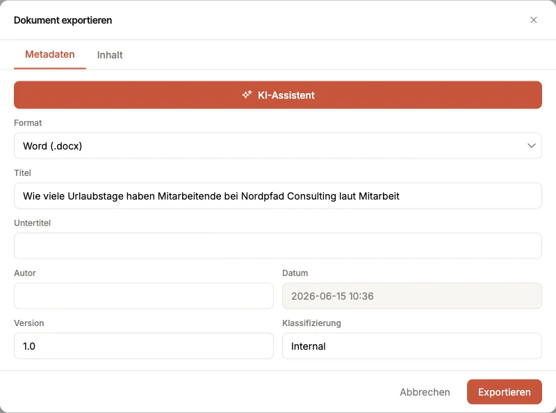 Der Dialog „Dokument exportieren" mit den Tabs Metadaten und Inhalt, dem KI-Assistent-Knopf, der Formatauswahl (Word/PDF) und Feldern für Titel, Autor, Version und Klassifizierung.