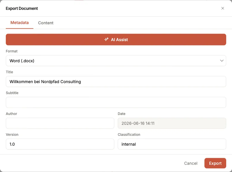 The "Export document" dialog with the Metadata and Content tabs, the AI assistant button, the format selection (Word/PDF) and fields for title, author, version and classification.