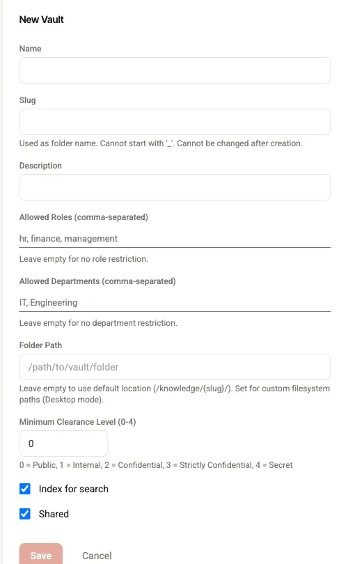 The "New vault" form with the fields Name, Slug (with a note that it can no longer be changed), Description, Allowed roles and Allowed departments.