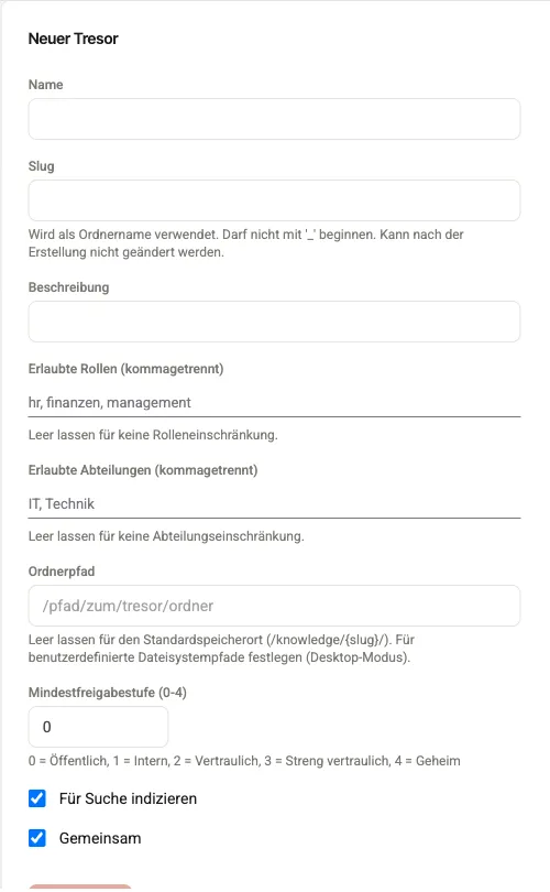 Das Formular „Neuer Tresor" mit den Feldern Name, Slug (mit Hinweis, dass er nicht mehr änderbar ist), Beschreibung, Erlaubte Rollen und Erlaubte Abteilungen.