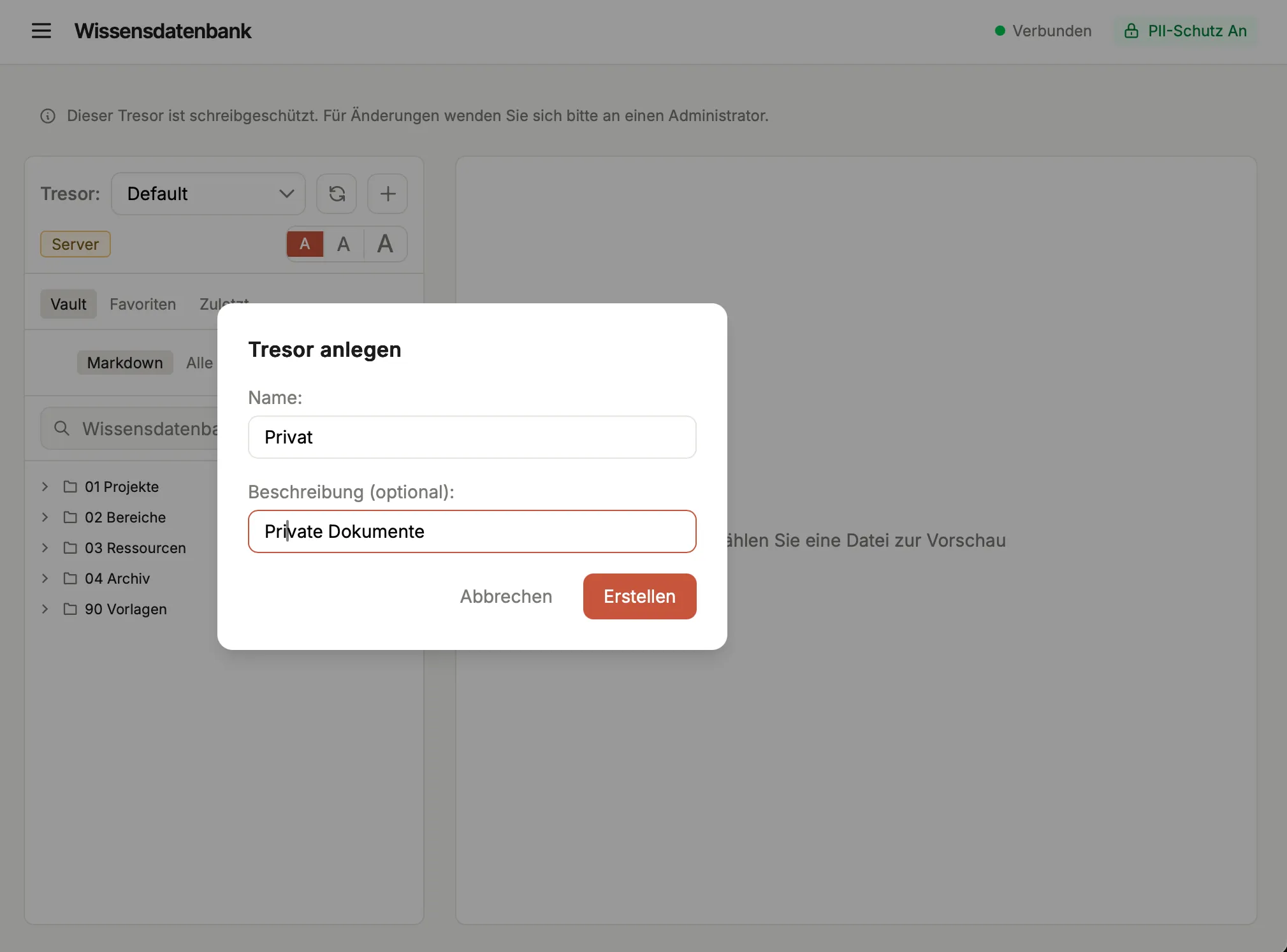 Der Dialog „Tresor anlegen" auf der Wissens-Seite mit den Feldern „Name:" und „Beschreibung (optional):" sowie den Schaltflächen „Abbrechen" und „Erstellen".