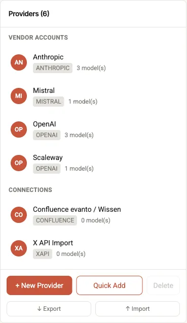 The Models tab with the provider list, split into "Vendor accounts" (Anthropic, Mistral, OpenAI, Scaleway) and "Connections" (Confluence, X API Import), with the "+ New Provider", "Quick Add" and "Delete" buttons below.