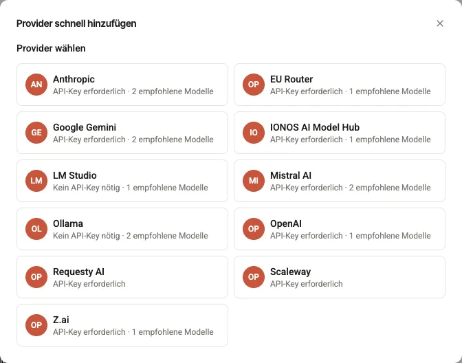 Der Quick-Add-Dialog „Provider schnell hinzufügen", Schritt „Provider wählen": Katalog-Karten je Anbieter (Anthropic, Google Gemini, Mistral AI, OpenAI, IONOS, LM Studio, Ollama, Z.ai …) mit dem Hinweis, ob ein API-Key nötig ist und wie viele Modelle empfohlen werden.