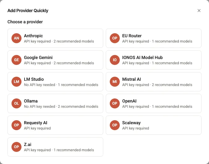 The quick-add dialog "Add Provider Quickly", step "Choose a provider": catalog cards per vendor (Anthropic, Google Gemini, Mistral AI, OpenAI, IONOS, LM Studio, Ollama, Z.ai …) noting whether an API key is required and how many models are recommended.