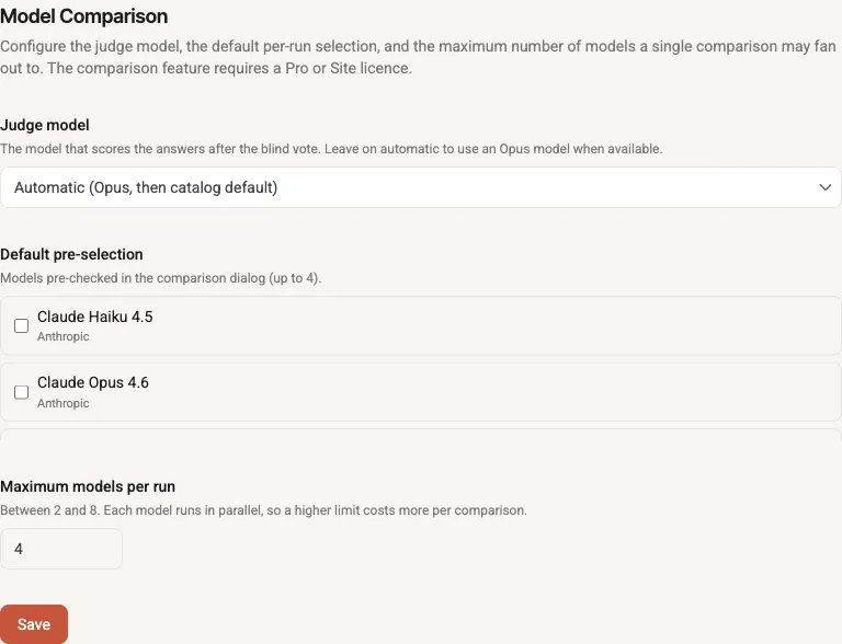 The admin "Model Comparison" section: a "Judge model" dropdown set to "Automatic (Opus, then catalog default)", below it the "Default pre-selection" checkbox list and the "Maximum models per run" number field with value 4, plus the "Save" button.
