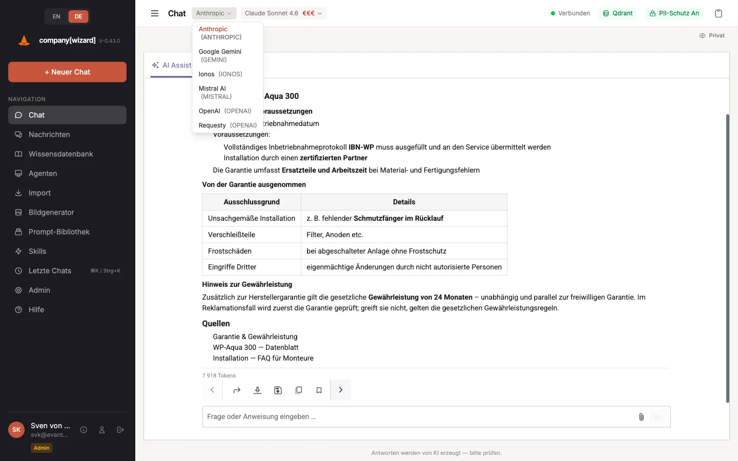 Aufgeklapptes Anbieter-Menü mit Anthropic, Google Gemini, Ionos, Mistral, OpenAI und Requesty.