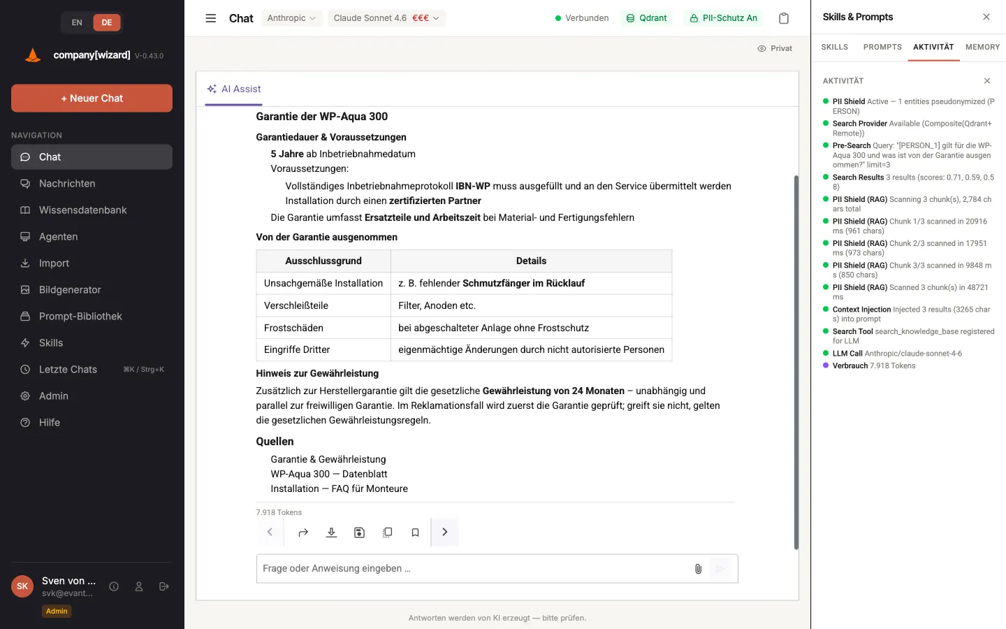 Aktivitätsleiste mit den Schritten PII-Schild, Suche, Kontext-Injektion und Modell-Aufruf neben einer Antwort.
