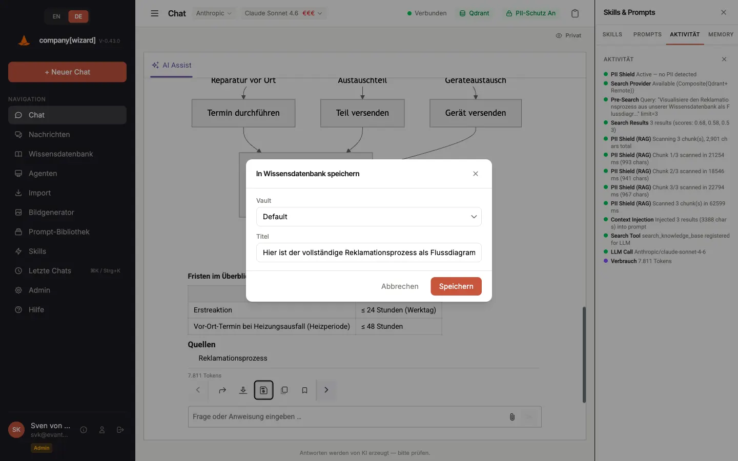 Eine Chat-Antwort wird in die Wissensbasis übernommen.